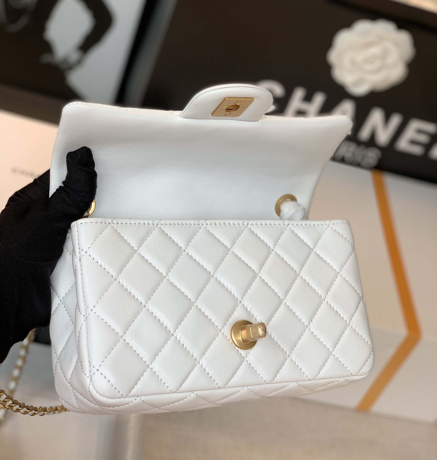 Chanel AS1787 Chanel Mini Flap Bag Lambskin Gold NA117 White | chanel as1787 chanel mini flap bag lambskin gold na117 white 5