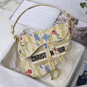 Dior M0446 Dior Saddle Bag Multicolor Flowers Embroidery With Gold - luxibagsmall