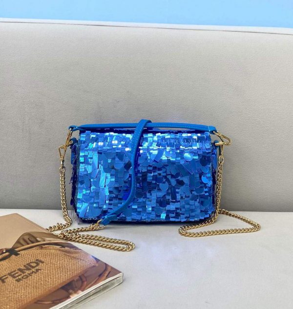 Fendi 8BR792 Medium Baguette 1997 Blue Satin Bag with Sequins 0127L | fendi 8br792 medium baguette 1997 blue satin bag with sequins 3