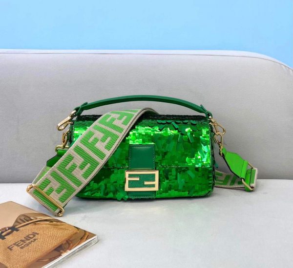Fendi 8BS049 Mini Baguette 1997 Green Satin Bag with Sequins 0127S | fendi 8br792 medium baguette 1997 green satin bag with sequins 2