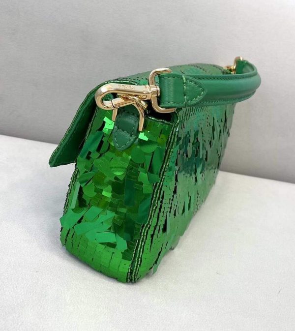 Fendi 8BS049 Mini Baguette 1997 Green Satin Bag with Sequins 0127S | fendi 8br792 medium baguette 1997 green satin bag with sequins 4