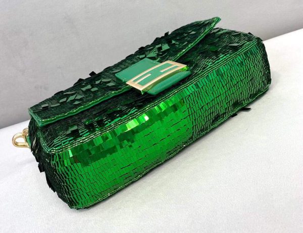 Fendi 8BS049 Mini Baguette 1997 Green Satin Bag with Sequins 0127S | fendi 8br792 medium baguette 1997 green satin bag with sequins 5