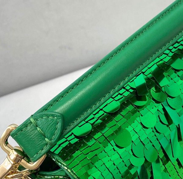 Fendi 8BS049 Mini Baguette 1997 Green Satin Bag with Sequins 0127S | fendi 8br792 medium baguette 1997 green satin bag with sequins 6