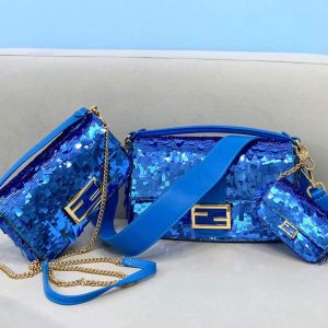 Fendi 8BS049 Mini Baguette 1997 Blue Satin Bag with Sequins 0127S
