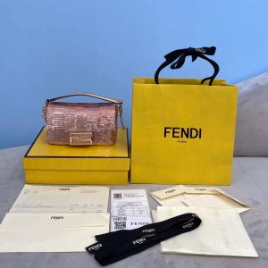 Fendi 8BS049 Mini Baguette 1997 Pink Satin Bag with Sequins 0127S