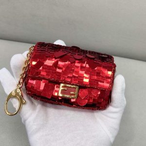Fendi 8BS049 Nano Baguette 1997 Red Satin Bag with Sequins 0136
