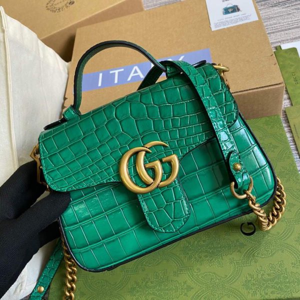 Gucci ‎547260 GG Marmont Mini Crocodile Pattern Top Handle Bag Green | gucci 547260 gg marmont mini crocodile pattern top handle bag 23