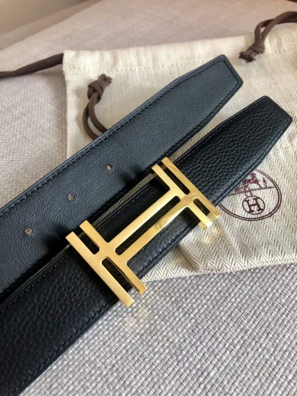 Hermes Women's Leather H Buckle Belt 32MM 19049 Black - luxibagsmall