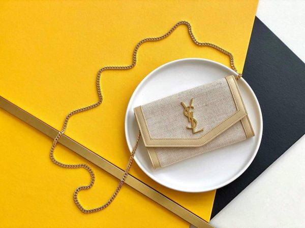 YSL 607788 Yves Saint Laurent Uptown Chain Wallet In Micro Raffia Apricot | ysl 607788 yves saint laurent uptown chain wallet in micro raffia apricot 2