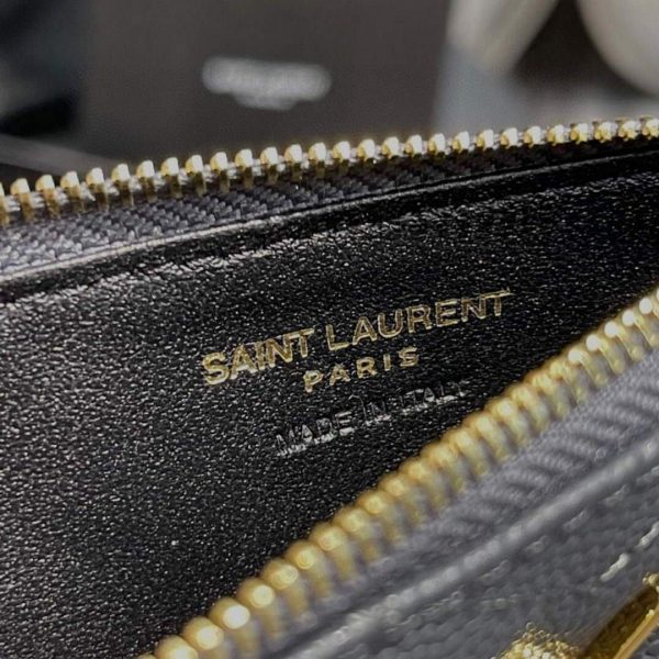 YSL Monogram Fragments Zippered Card Case In Grain De Poudre Embossed Leather 607915 Grey Gold | ysl monogram fragments zippered card case in grain de poudre embossed leather 607915 grey with gold 6