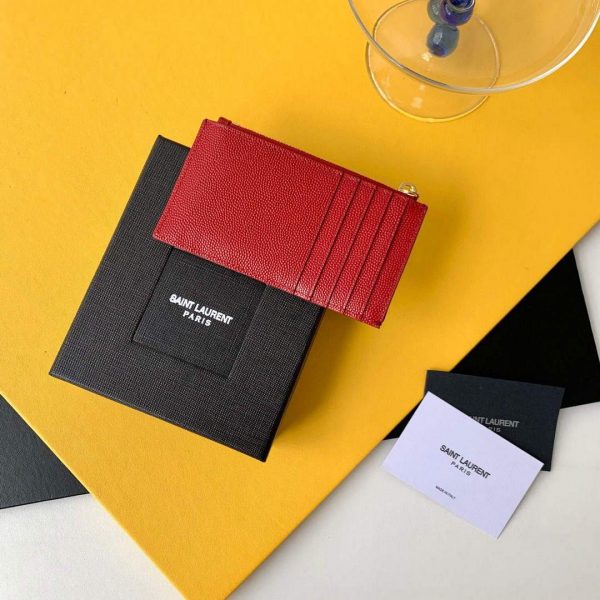 YSL Monogram Fragments Zippered Card Case In Grain De Poudre Embossed Leather 607915 Red Gold | ysl monogram fragments zippered card case in grain de poudre embossed leather 607915 red with gold 1
