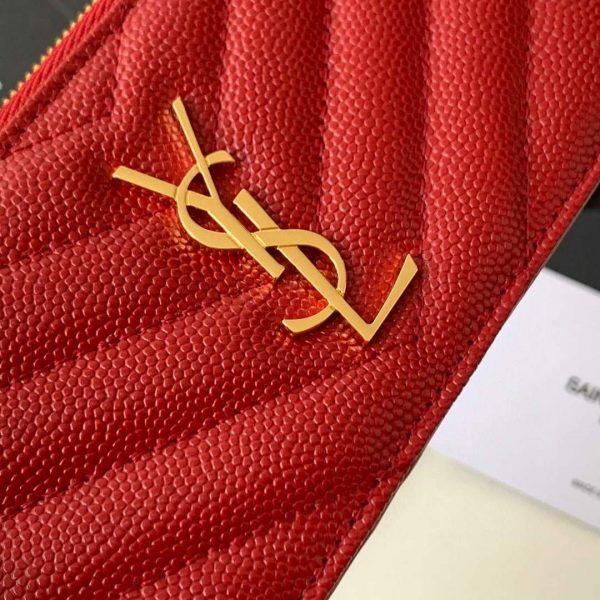 YSL Monogram Fragments Zippered Card Case In Grain De Poudre Embossed Leather 607915 Red Gold | ysl monogram fragments zippered card case in grain de poudre embossed leather 607915 red with gold 2