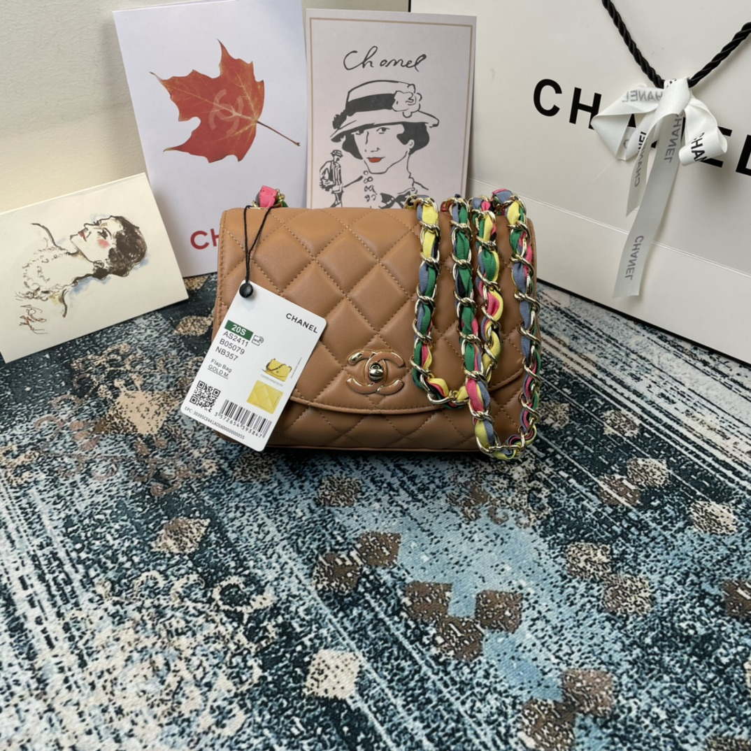 Chanel AS2411 Flap Bag Lambskin Mixed Fibers
  Gold Tone Metal Brown