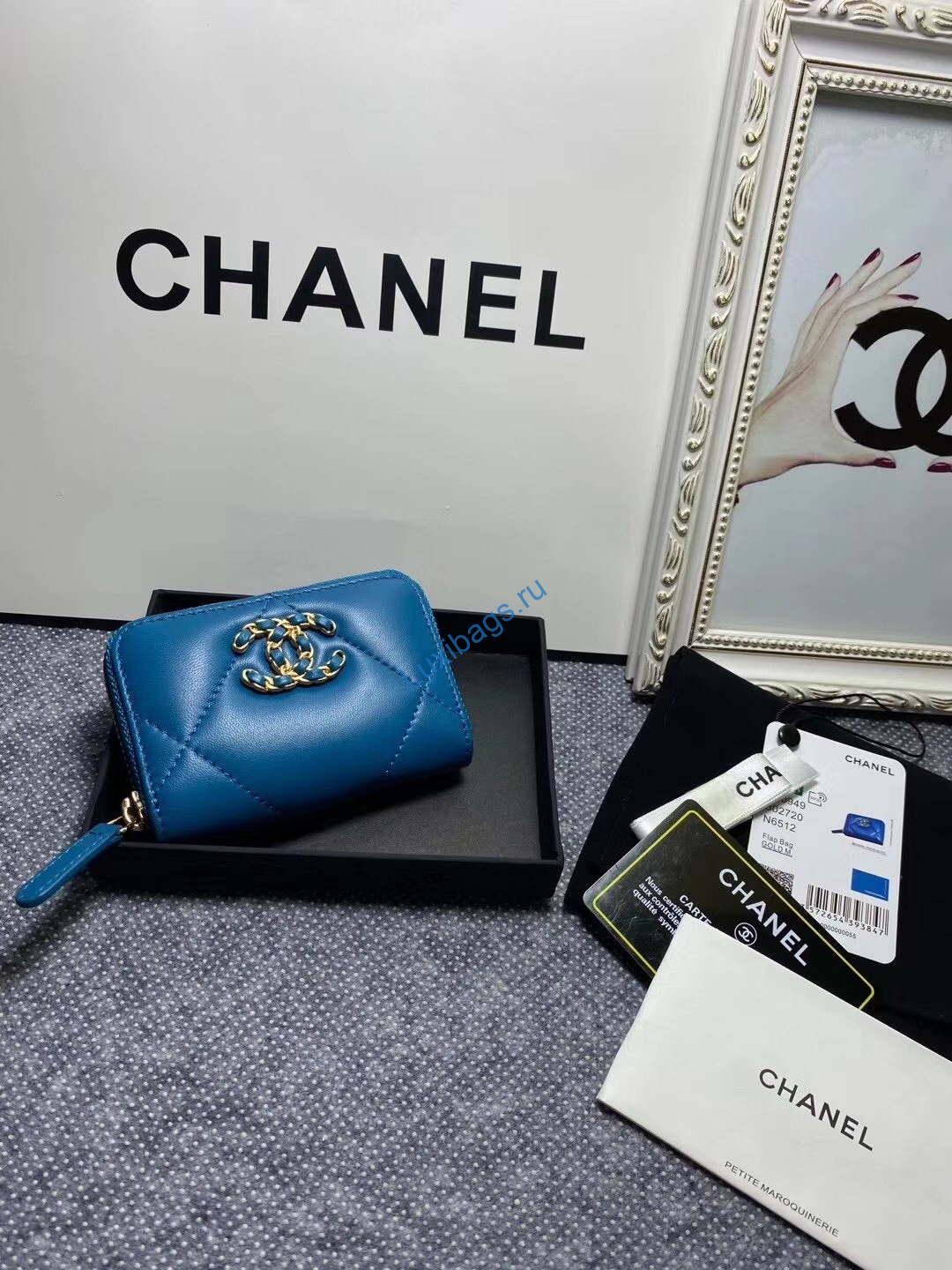 Chanel  19 Zipped coin Purse AP0949 Lambskin Blue