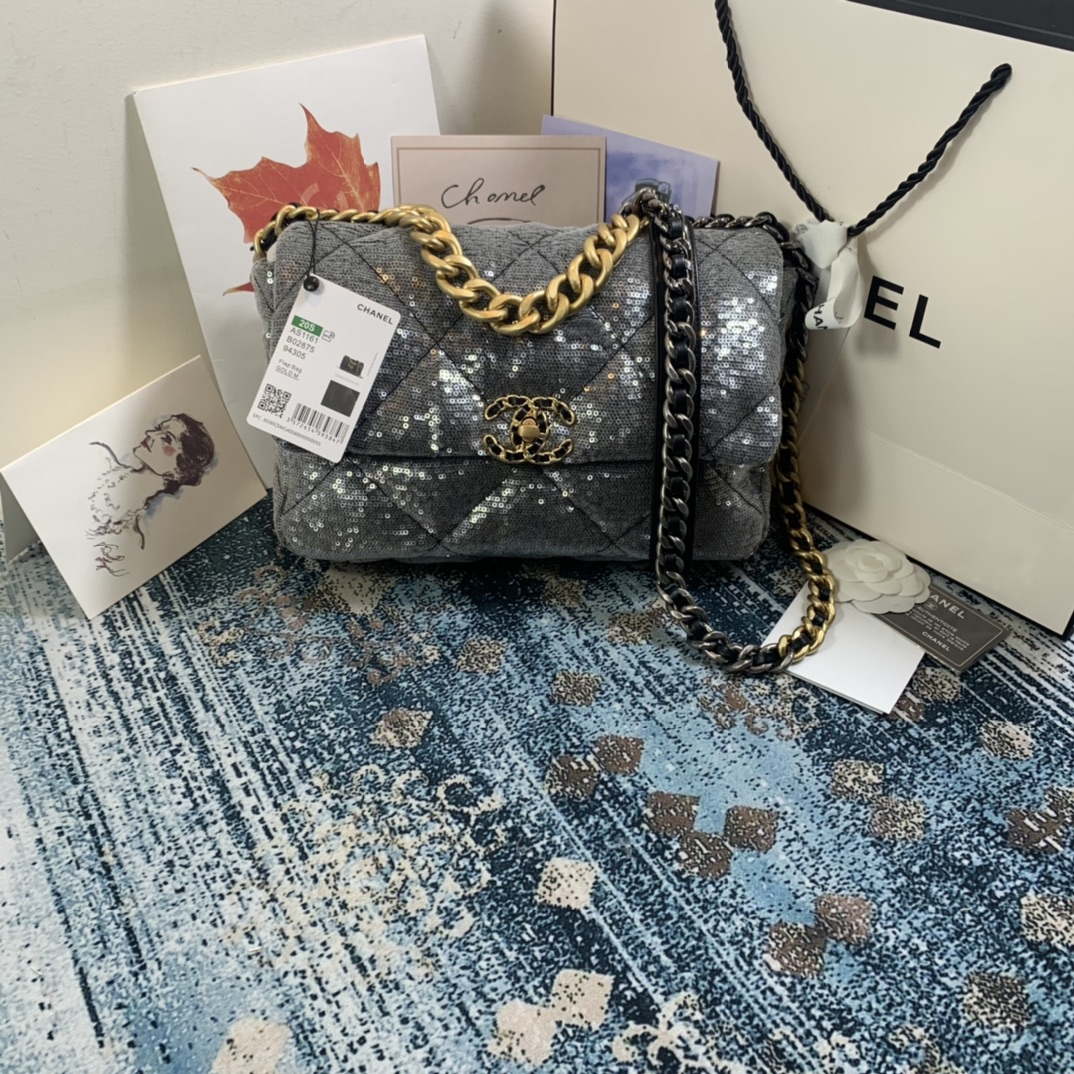 Chanel AS1161 chanel 19 Large Handbag Sequins Calfksin Bag Silver Gray