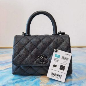 Chanel AS2215 Mini Flap Bag with Top Handle Bag Grained Calfskin Black