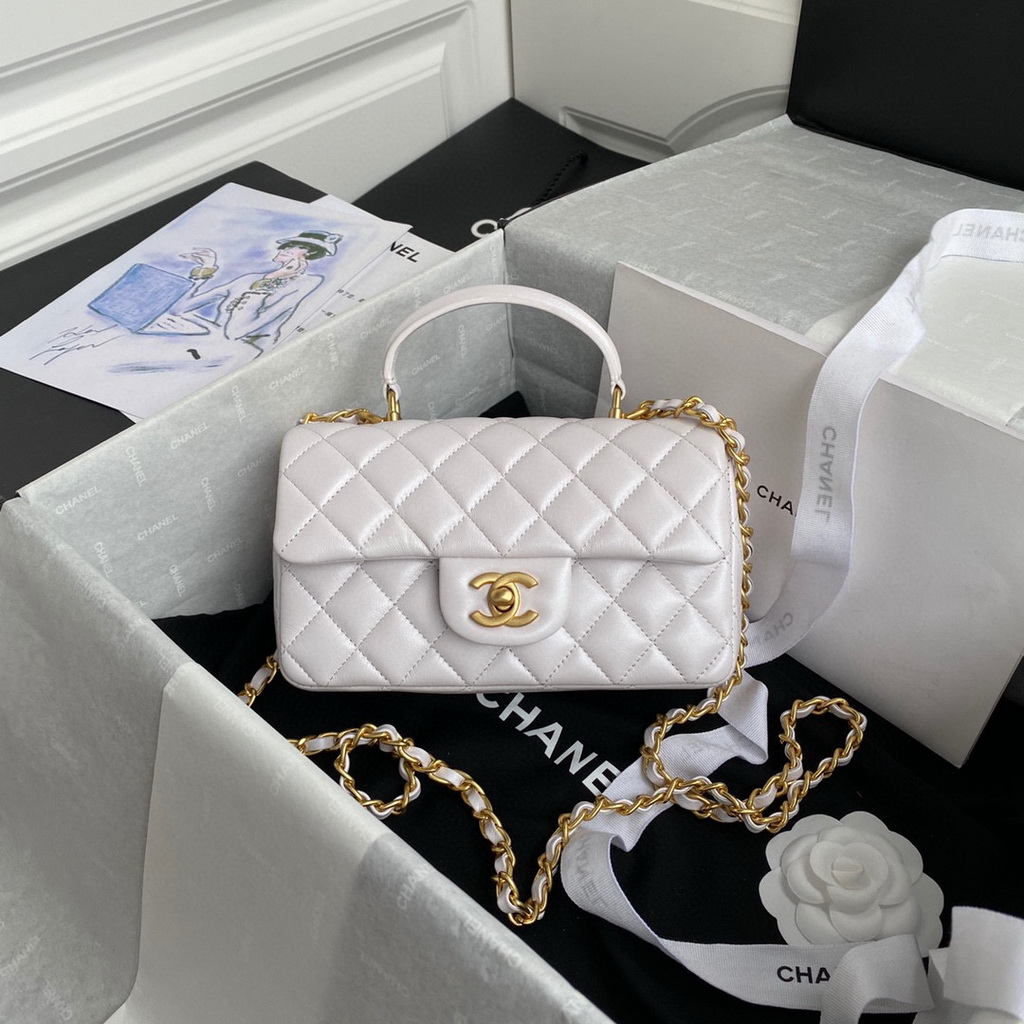 Chanel AS2431 Mini flap Lambskin bag with top handle white