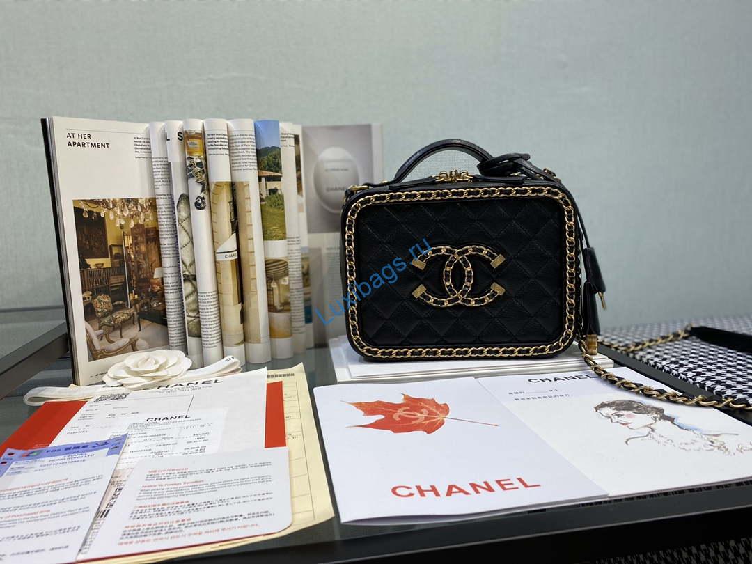 Chanel CC Filigree Vanity Case Bag  Grained Calfskin A93343 Black Gold