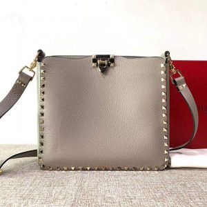Valentino 2B0C17 Rockstud Grainy Calfskin Hobo Bag 50031S Gray