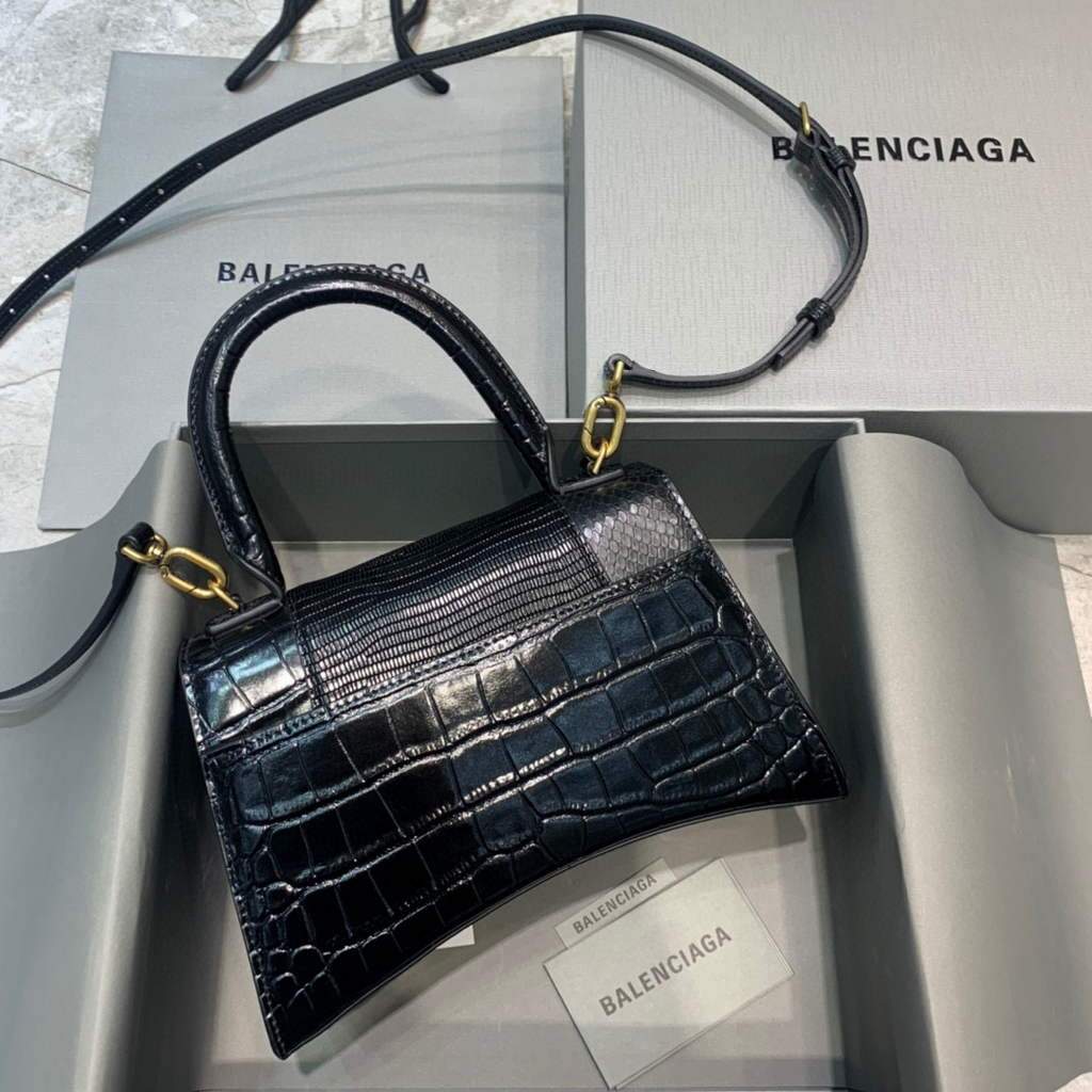 Balenciaga 593546 Hourglass Small Top Handle Crocodile Bag Black Gold | balenciaga 593546 hourglass small top handle crocodile bag 59
