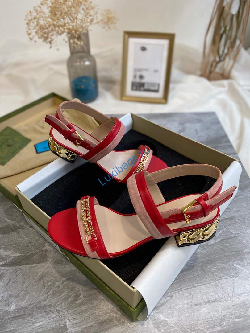 Gucci 655409 Women's Sandal With Chain-Shaped Heel Leather Red | gucci 655409 womens sandal with chain shaped heel leather 2 voguebags.ru