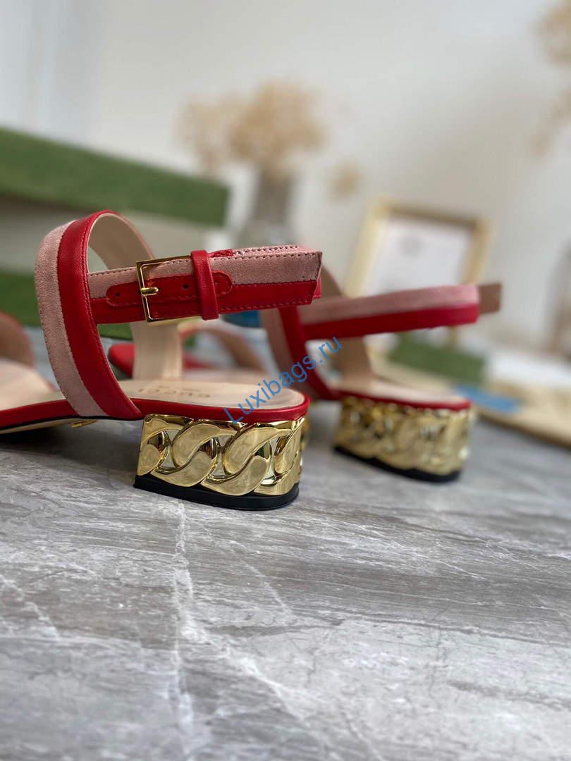 Gucci 655409 Women's Sandal With Chain-Shaped Heel Leather Red | gucci 655409 womens sandal with chain shaped heel leather 5 voguebags.ru