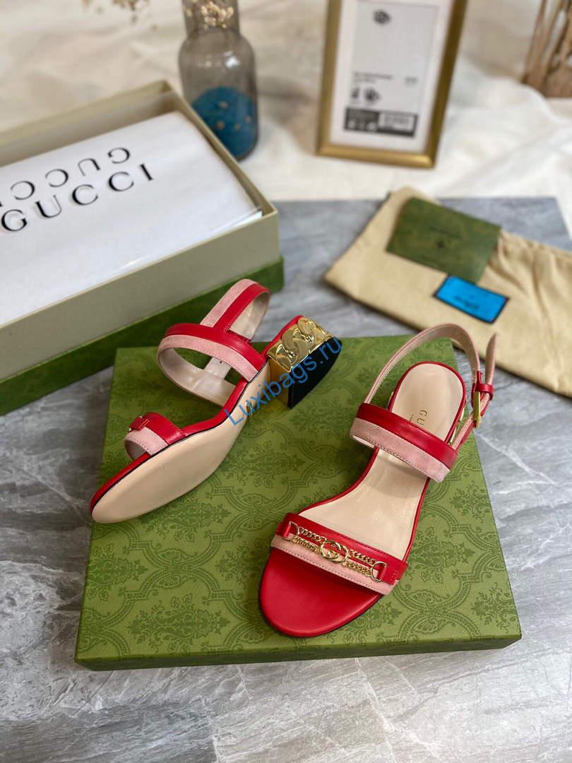 Gucci 655409 Women's Sandal With Chain-Shaped Heel Leather Red | gucci 655409 womens sandal with chain shaped heel leather 9 voguebags.ru