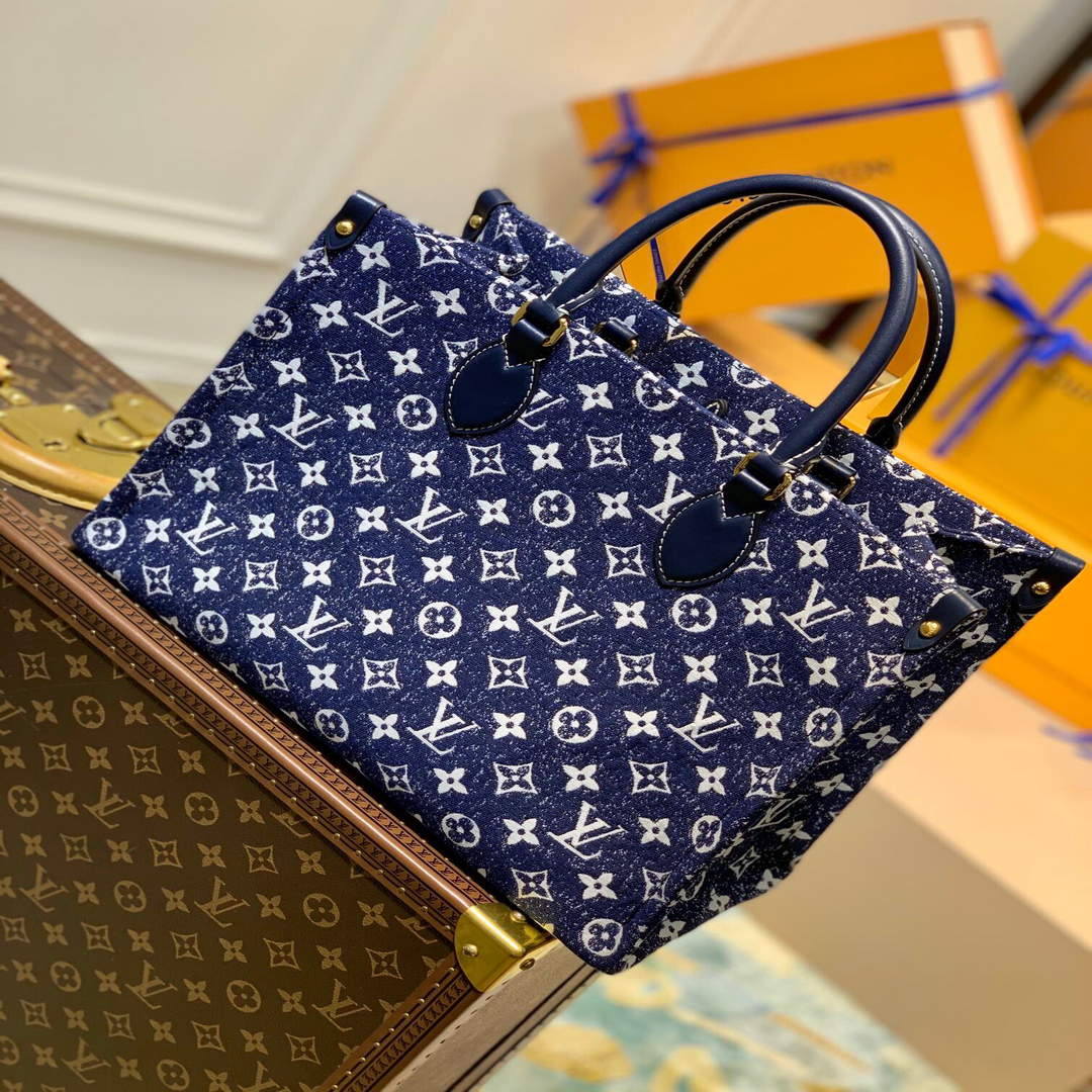 LV M59608 Louis Vuitton Onthego MM Denim Leather Bag