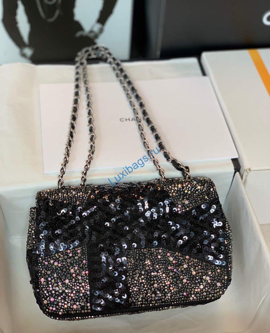 Chanel 2022 CF Flap Rhinestone Limited Edition Bag Sequins Black | chanel 2022 cf flap rhinestone limited edition bag black 02