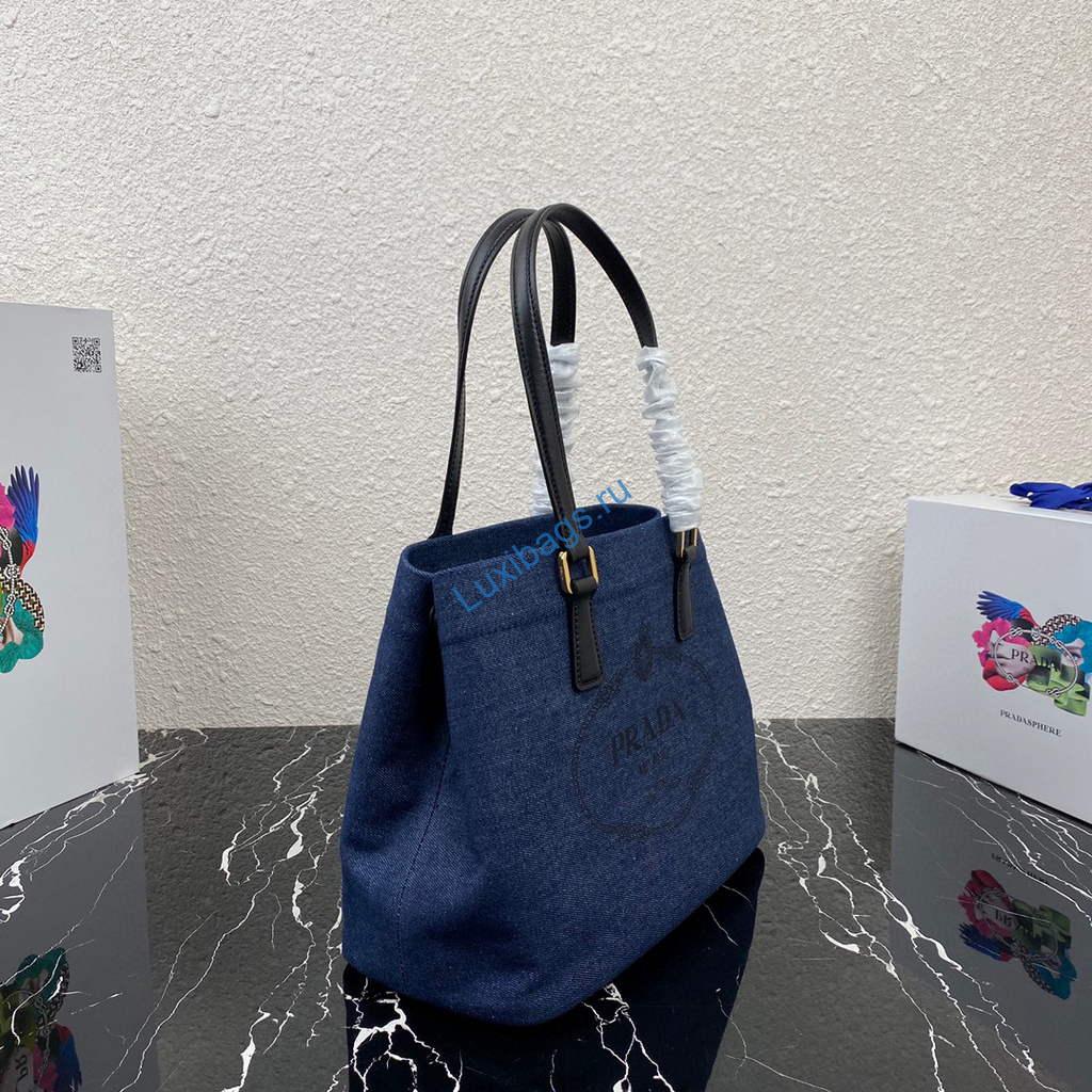 Prada 1BG356 Small linen blend and leather tote Blue | prada 1bg356 small linen blend and leather tote blue 2