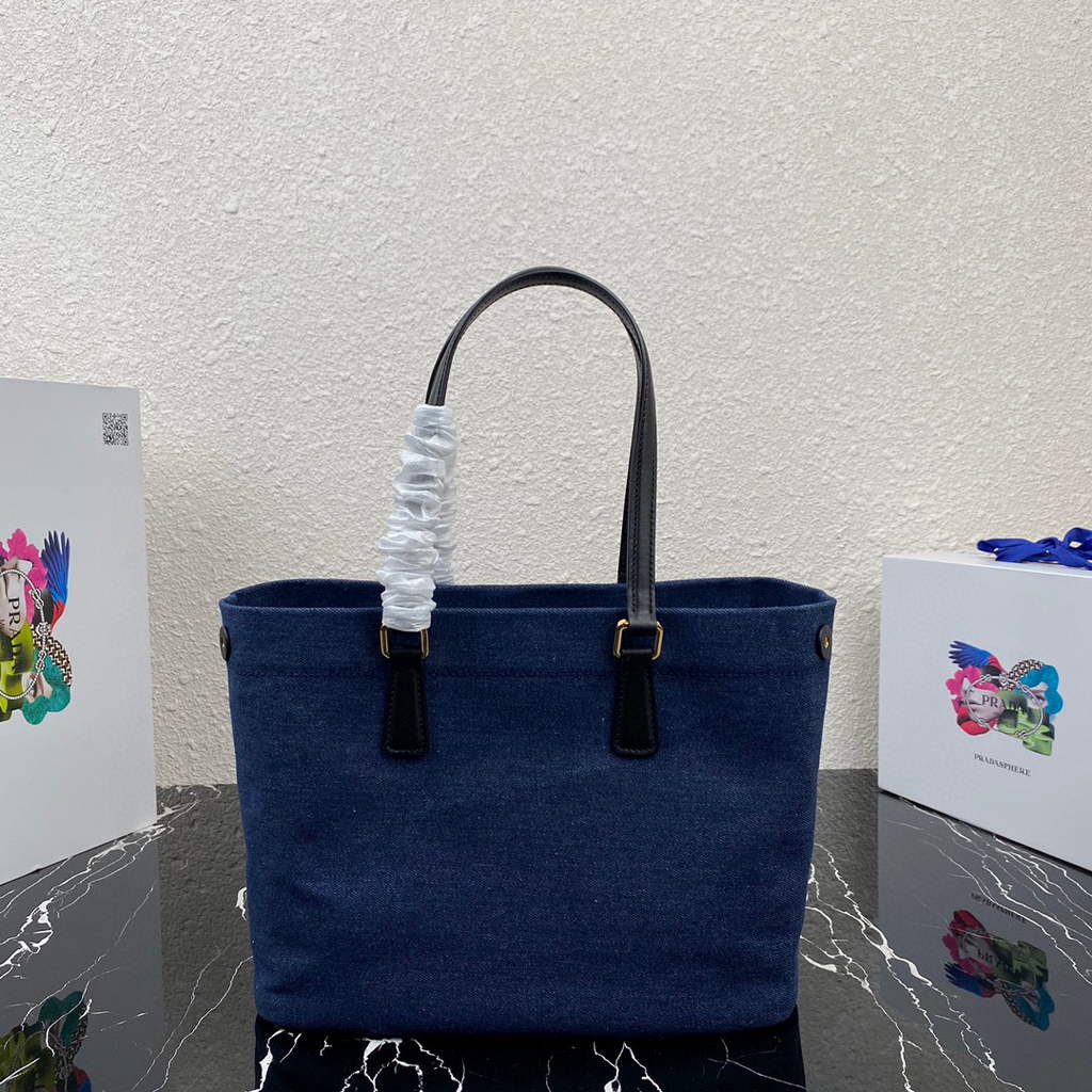Prada 1BG356 Small linen blend and leather tote Blue | prada 1bg356 small linen blend and leather tote blue 3