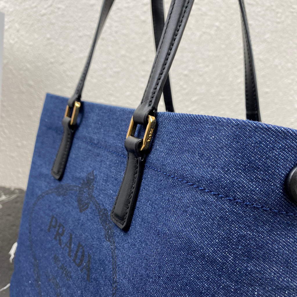 Prada 1BG356 Small linen blend and leather tote Blue | prada 1bg356 small linen blend and leather tote blue 7