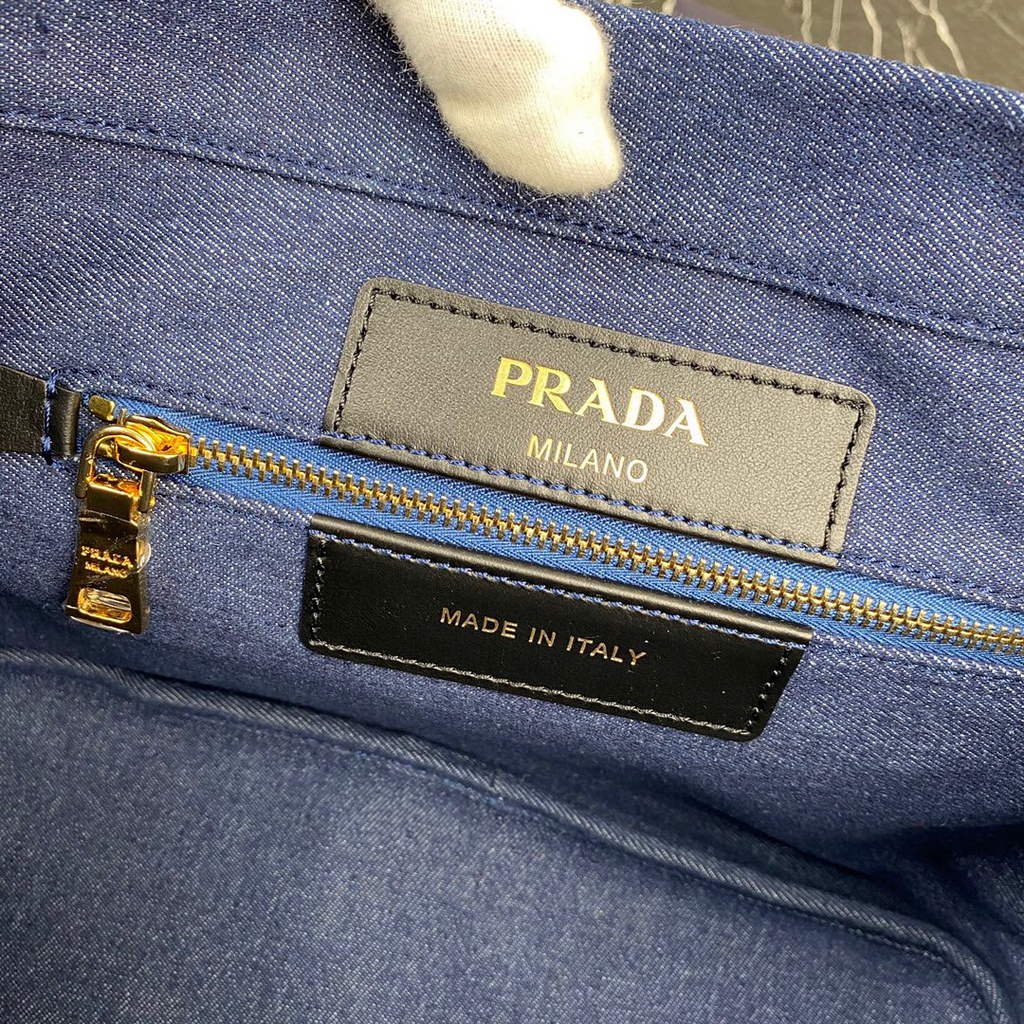 Prada 1BG356 Small linen blend and leather tote Blue | prada 1bg356 small linen blend and leather tote blue 9