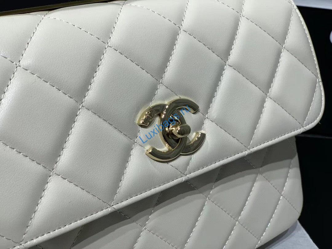Chanel A92236 Small Trendy CC Flap Bag With Top Handle Lambskin bag White Gold | chanel a92236 small trendy cc flap bag with top handle lambskin bag beige gold 05