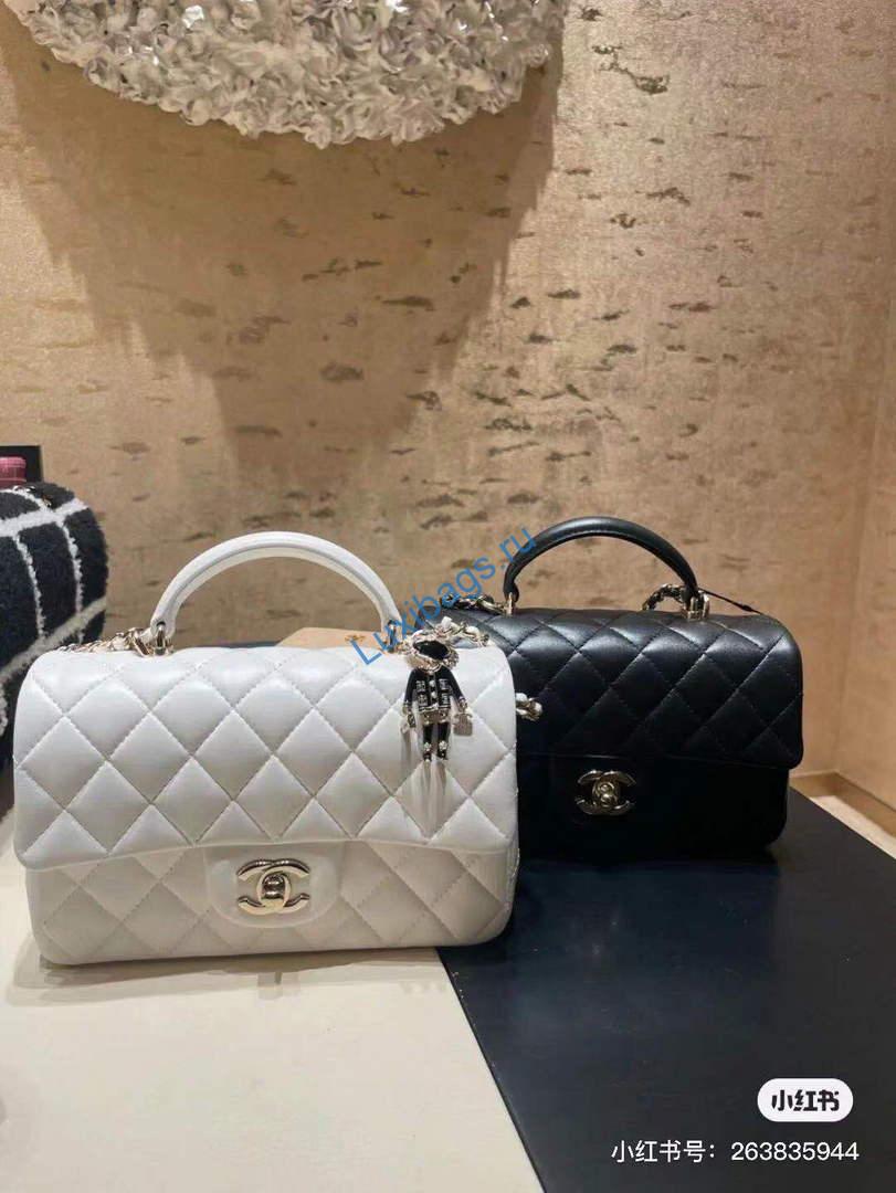 Chanel AS2431 Mini flap Lambskin bag with top handle White Lion Bright Gold | chanel as2431 mini flap lambskin bag with top handle white lion bright gold 03