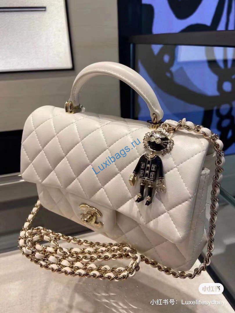 Chanel AS2431 Mini flap Lambskin bag with top handle White Lion Bright Gold | chanel as2431 mini flap lambskin bag with top handle white lion bright gold 05