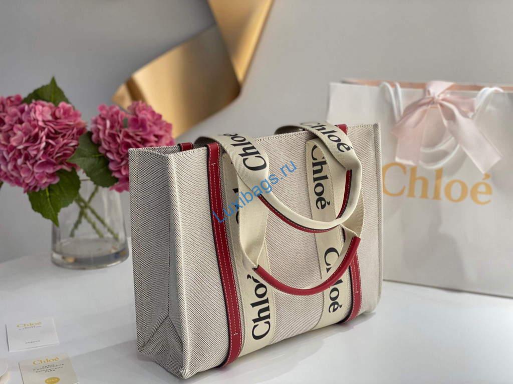 Chloe 383E66616 Medium Woody Tote Bag in Cotton Canvas Red | luxibags.ru 1310