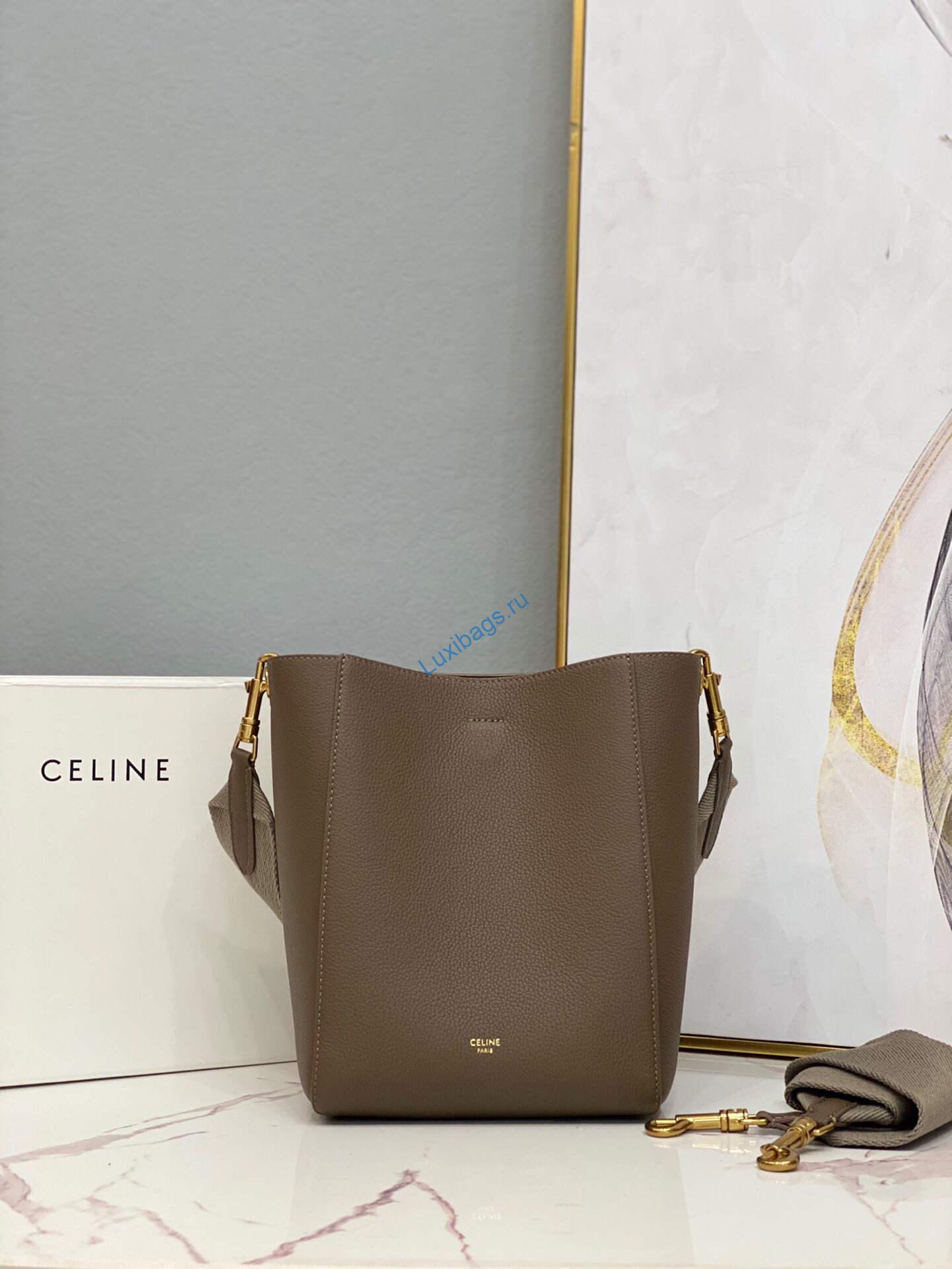 Celine 178303 Sangle Small Bucket Bag in Soft Grained Calfskin Brown