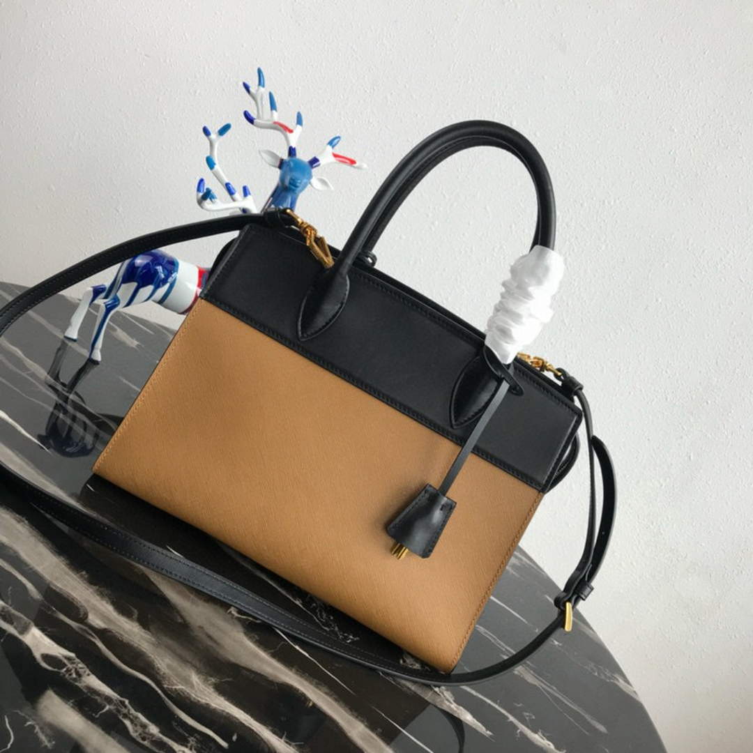 Prada 1BA046 Medium Esplanade Leather Tote Bag Apricot and Black | prada 1ba046 medium esplanade leather tote bag 21