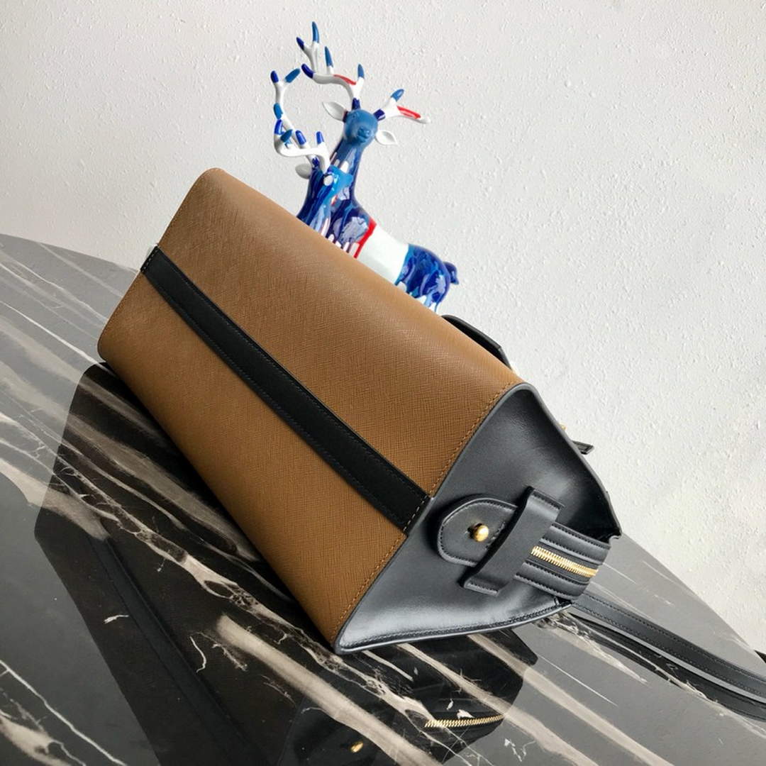 Prada 1BA046 Medium Esplanade Leather Tote Bag Apricot and Black | prada 1ba046 medium esplanade leather tote bag 22