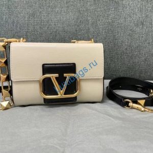 Valentino XW2B0J96 Stud Sign Grainy Calfskin Shoulder Bag Beige and Black
