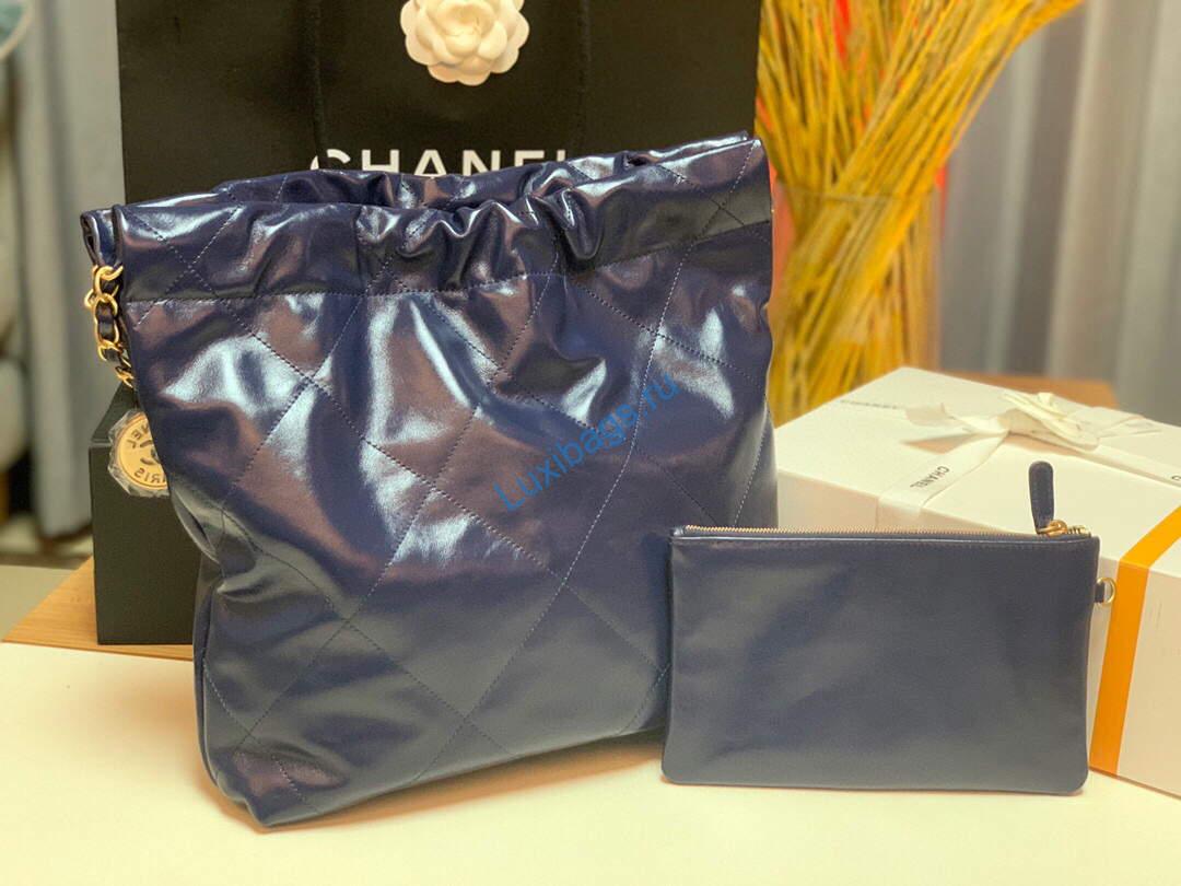 Chanel 22 Small Handbag Shiny Calfskin AS3260 Navy Blue Gold | chanel 22 small handbag shiny calfskin gold as3260 014