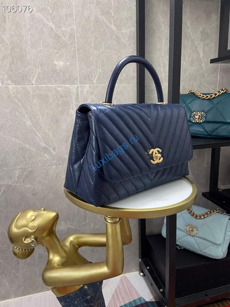 Chanel Large Top Handle Bag A92991 lambskin V gird Navy Blue Gold | chanel large top handle bag a92991 lambskin v gird 011