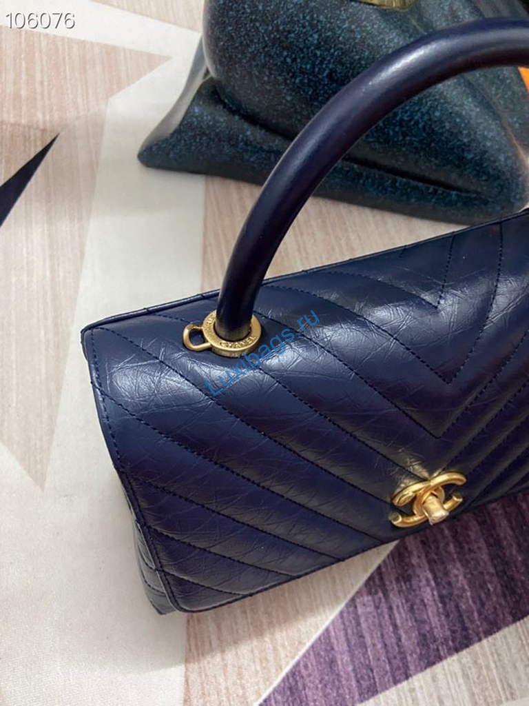 Chanel Large Top Handle Bag A92991 lambskin V gird Navy Blue Gold | chanel large top handle bag a92991 lambskin v gird 015