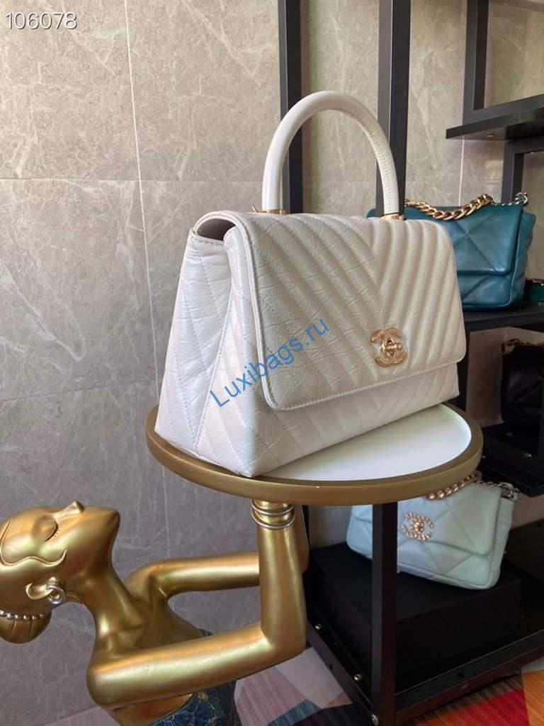 Chanel Large Top Handle Bag A92991 lambskin V gird White Gold | chanel large top handle bag a92991 lambskin v gird 020