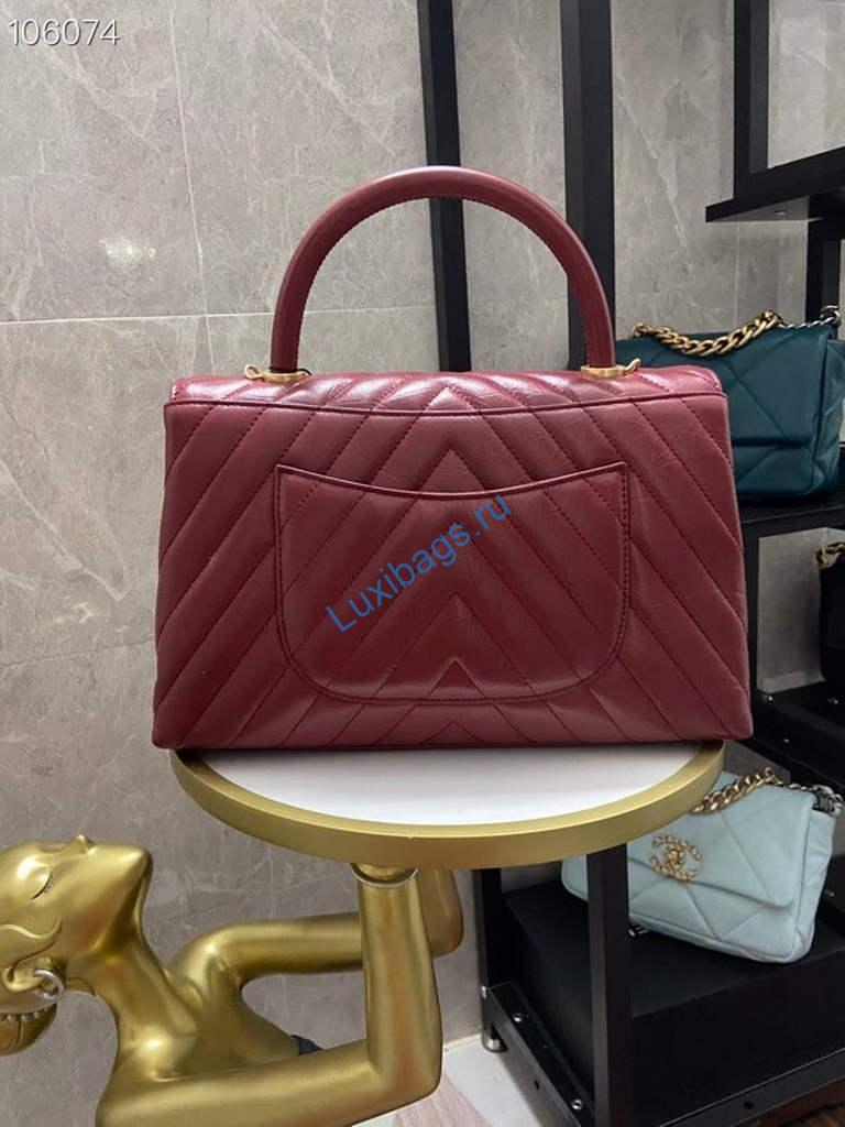 Chanel Large Top Handle Bag A92991 lambskin V gird Wine Red Gold | chanel large top handle bag a92991 lambskin v gird 028