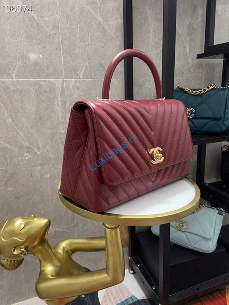 Chanel Large Top Handle Bag A92991 lambskin V gird Wine Red Gold | chanel large top handle bag a92991 lambskin v gird 029