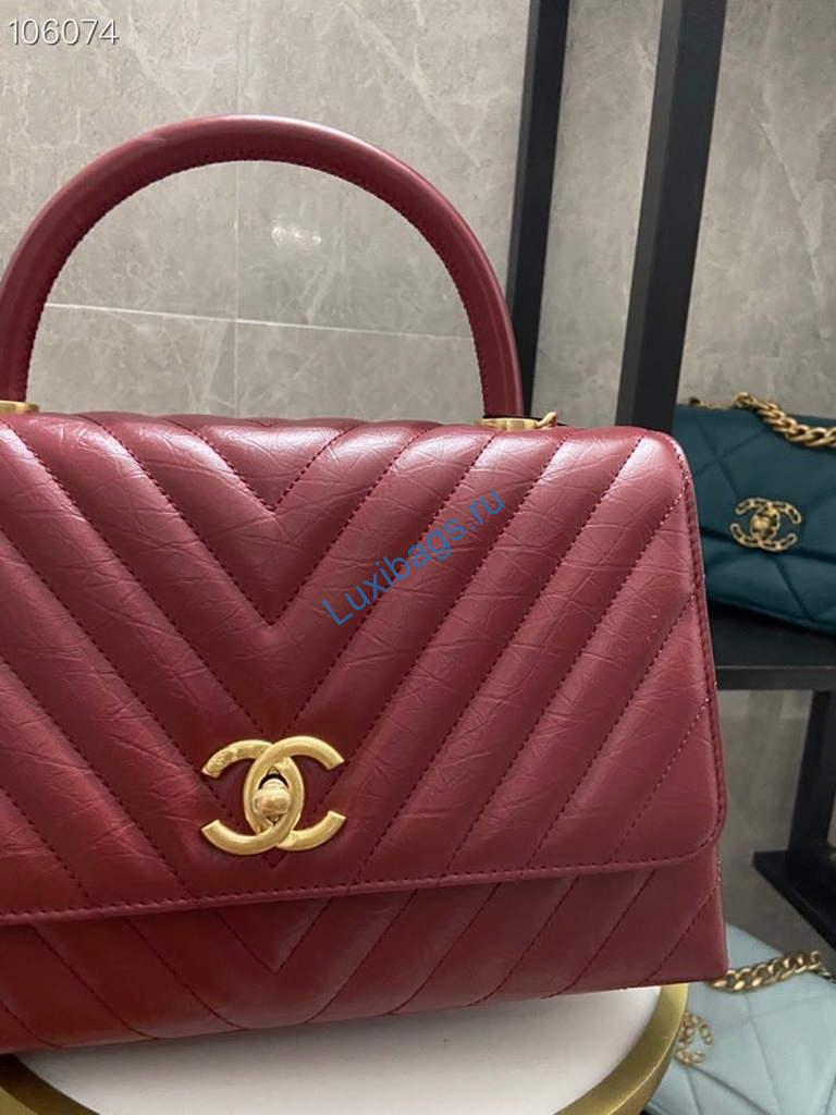 Chanel Large Top Handle Bag A92991 lambskin V gird Wine Red Gold | chanel large top handle bag a92991 lambskin v gird 030