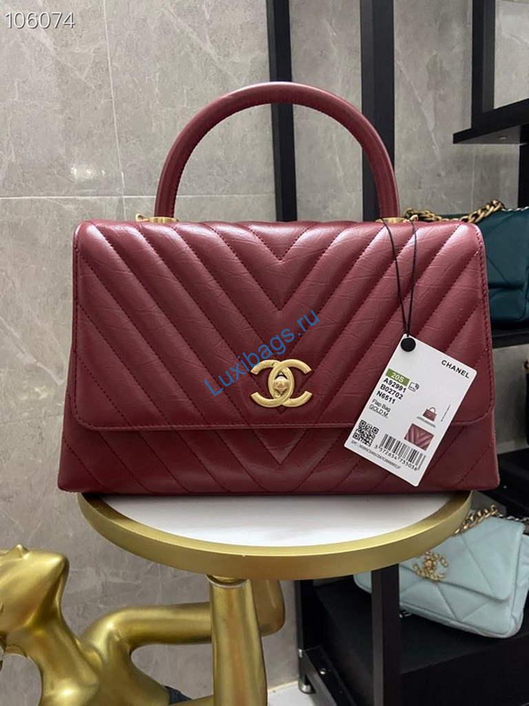 Chanel Large Top Handle Bag A92991 lambskin V gird Wine Red Gold | chanel large top handle bag a92991 lambskin v gird 031