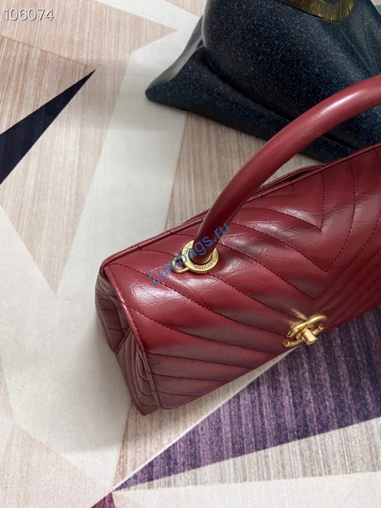 Chanel Large Top Handle Bag A92991 lambskin V gird Wine Red Gold | chanel large top handle bag a92991 lambskin v gird 033